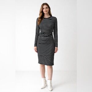 Just Female Black White Stripe Bodycon Dress Ruched Waist Long Sleeve L